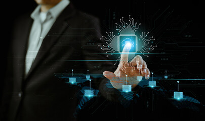 Businessman use computer laptop. Cloud security business technology concept. Cloud computing diagram tech. Data storage transfer, network internet service. Digital storage infographic system device