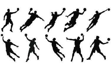 Set of Handball Players Silhouetes,Handball player in action, attack shut in jumping vector silhouette. - obrazy, fototapety, plakaty