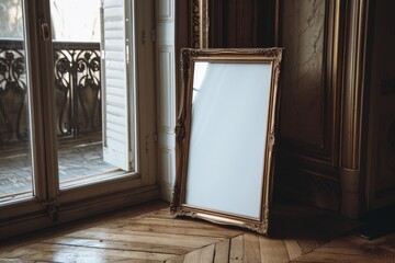 blank vintage picture frame standing on the floor of a parisian appartement - design/art mockup template - obrazy, fototapety, plakaty