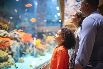 family observing vibrant coral reef tank with diverse fish