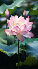 Obraz premium Colorful beauty plant water hibiscus red tropical frangipani flowers spa stones Beautiful pink water lily flower made rose water splashed white light emanating floating macro Photography Generative Ai