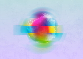 Colorful distorted circle abstract geometric grunge background. Liquid holographic gradient glitch sphere. Vector design