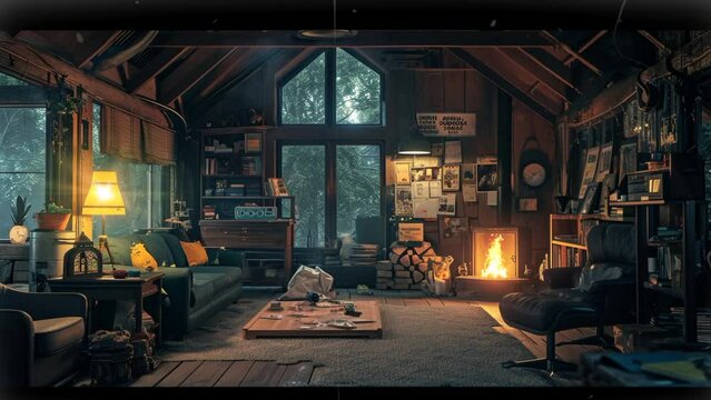 view of a cabin room in the woods with a campfire and lantern, seamless looping 4k time lapse animation video background