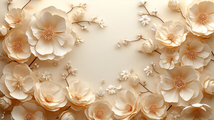 3d wallpaper of beautiful flower background cream color, copy space, generative ai