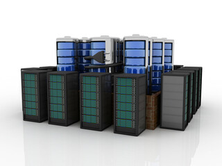 3d illustration Data center server with optical cable connected database