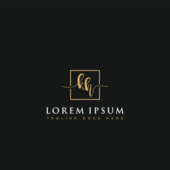 Initials letters KH linked inside square line box vector logo designs isolated in black background