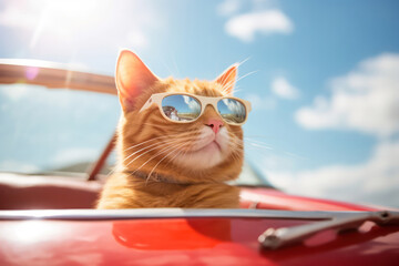 Cat rides in a red convertible car. relaxing summer vacation. - obrazy, fototapety, plakaty
