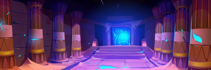 Egyptian corridor with columns, stairs and neon glowing magic portal with vortex. Cartoon vector illustration of ancient archeology pharaoh pyramid room interior with pillars and fantasy entrance. - obrazy, fototapety, plakaty