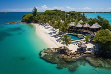 Private island resort in the Caribbean, complete with white sandy beaches and clear blue waters, Generative AI