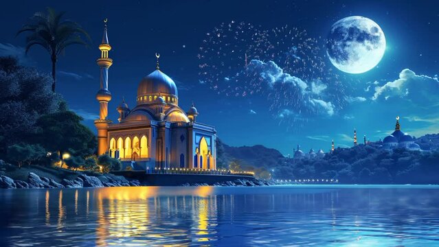 Ramadan kareem day and eid mubarak with mosque background, seamless looping 4k time lapse, animation video background