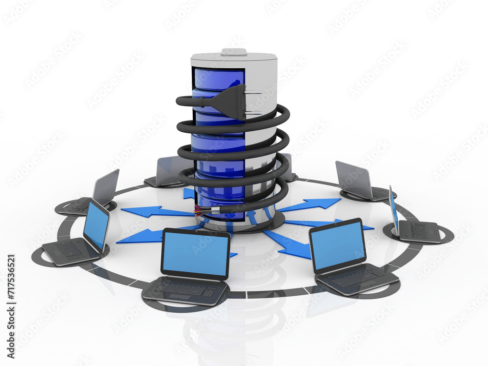 Poster 3d rendering technology computer network with database connected optical cable