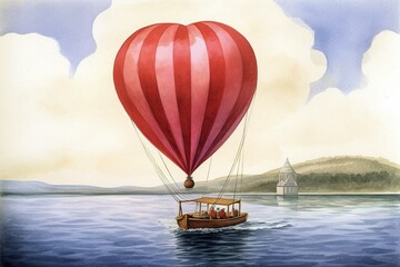 A heart-shaped balloon hovers above, with a boat drifting underneath. Generative AI