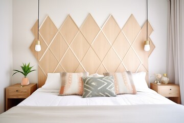 geometric wooden headboard in a welllit bedroom