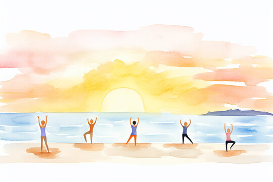 A beachside yoga class in progress during sunset , cartoon drawing, water color style