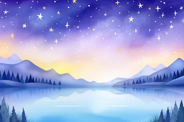 Papier Peint photo Bleu foncé A night to remember Beautiful starlight in a galaxy-themed landscape , cartoon drawing, water color style