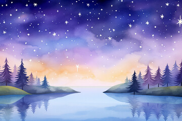 A night to remember Beautiful starlight in a galaxy-themed landscape , cartoon drawing, water color style