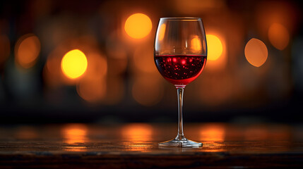 Elegant glass of red wine with warm bokeh lights in the background.