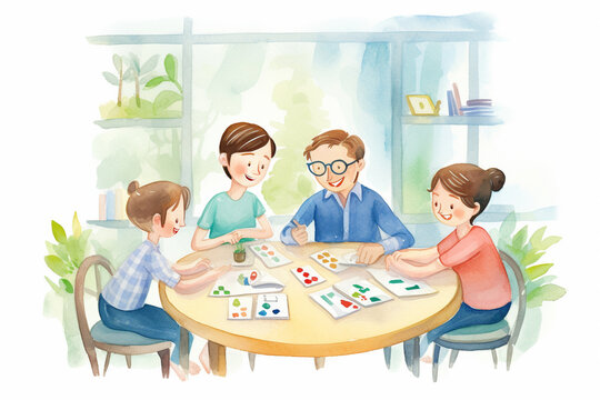 A lively board game night with friends and family , cartoon drawing, water color style