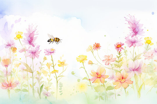 A busy bee on the beautiful flowers in a lush garden , cartoon drawing, water color style