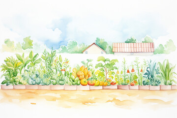 An organic vegetable garden in an urban setting , cartoon drawing, water color style