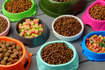 Various pet bowls with dry food on gray wooden background