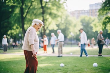 elderly people playing bocce ball in a park