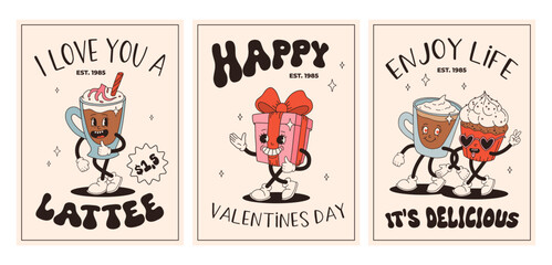 Valentine's Day set of vintage posters. Happy and cheerful retro mascots. Old animation 50s 60s 70s, groovy cartoon characters of coffee sweets and hearts, donut, cupcake, espresso, latte, present