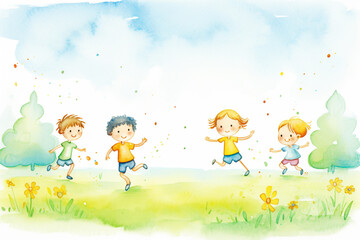 Obraz na płótnie Canvas Children running through sprinklers on a hot summer day , cartoon drawing, water color style
