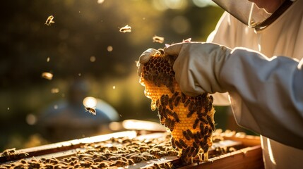 A close-up of a beekeeper wearing a protective uniform takes care of bees, checks the quality of honey, holds honeycombs in his hands in an apiary. Beekeeping, organic agricultural products concepts.