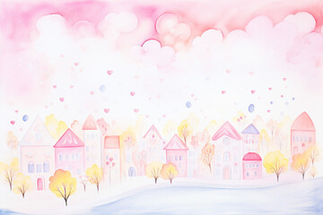 Colorful fog dreams The charm of pink and bright pastels , cartoon drawing, water color style