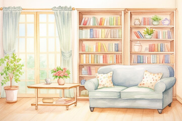 Cozy living room with plush furniture and a bookshelf filled with books , cartoon drawing, water color style