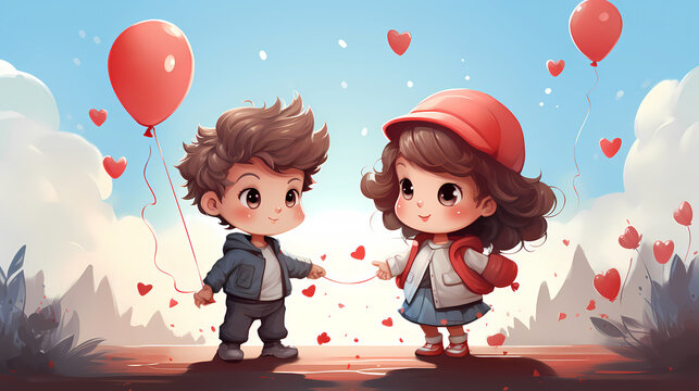 Des enfants amoureux pour la Saint Valentin avec des coeurs et des ballons