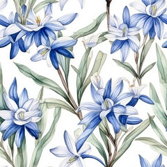 Seamless watercolor blue and white lily flowers pattern on isolated background. Generative ai