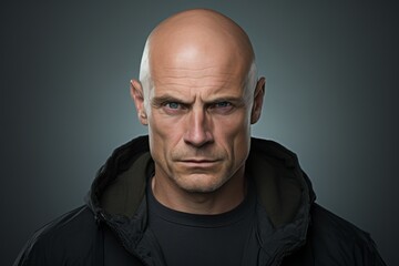 Portrait of a bald man with a serious look on a gray background - obrazy, fototapety, plakaty