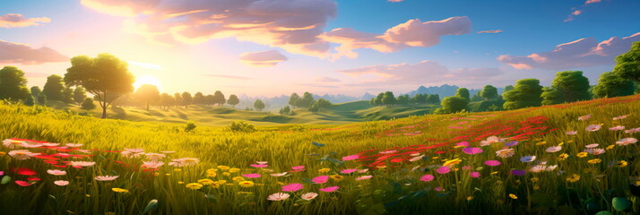 lush, emerald green meadows dotted with vibrant flowers, portraying the freshness of spring.