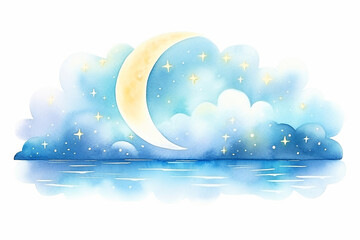 Moonlit night A beautiful portrayal of the lunar glow in space , cartoon drawing, water color style