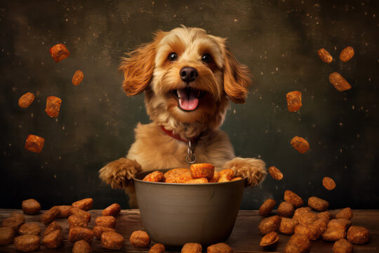 Happy dog in front of bowl of croquettes.