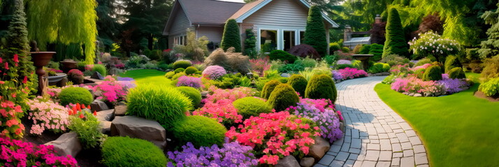 Fototapeta premium Garden Landscaping vibrant flowers and creating garden paths,
