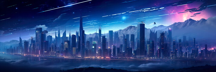 A futuristic metropolis with neon lights, holographic , and advanced technology.