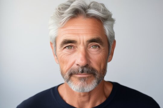 Portrait of mature man with grey hair and beard looking at camera.