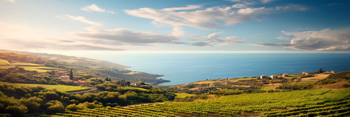 Serene landscapes in Mediterranean regions with vineyards, olive groves, and sea views.