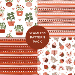 Valentines day seamless pattern set in modern hand drawn style, vector repeating background illustration pack