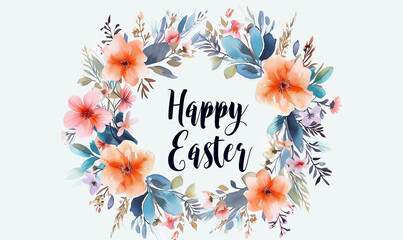 A Easter wreath, combining flowers with a modern typography saying "Happy Easter".