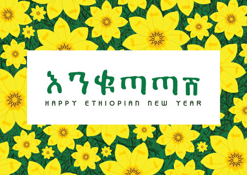 Ethiopian New Year Wish Greetings with Ethiopian new year seasonal flower (Adey abeba). vector illustration