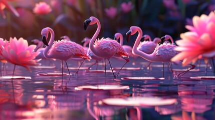 Cartoon scene of a flamboyant flamingo fashion show where the runway is rep with a river and the models must gracefully strut across lilypads in their designer feathers.