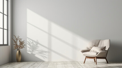 Interior of a bright living room with armchair on empty Gray wall background