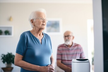 Obraz premium elderly user learning to use a smart speaker