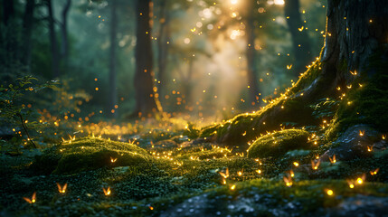 A mossy forest glade bathed in the soft glow of moonlight, where fireflies dance and create a magical, luminescent spectacle. - obrazy, fototapety, plakaty