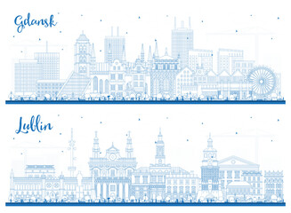 Outline Lublin and Gdansk Poland city skyline set with blue buildings. Cityscape with landmarks. - obrazy, fototapety, plakaty