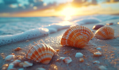 Shells on the beach at sunset. Generative AI
